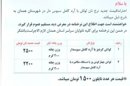 قیمت مصوب نان در همدان ابلاغ شد